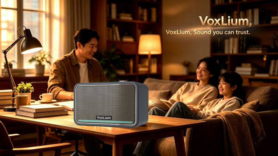 VoxLium speaker in a warm living room scene