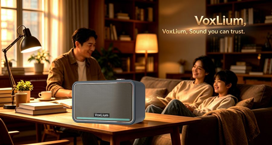 VoxLium speaker rendering in a cozy home reading scene — whole-home multi-room listening